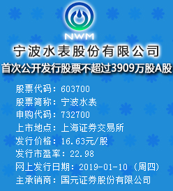 宁波水表今日申购 发行价格为16.63元/股