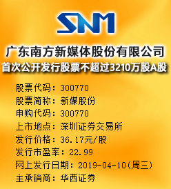 新媒股份今日申购 发行价格为36.17元/股