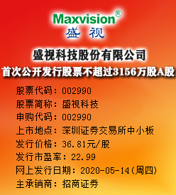 盛视科技今日申购 发行价格为36.81元/股