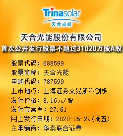 天合光能今日申购 发行价格为8.16元/股