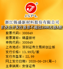 锦盛新材今日申购 发行价格为13.99元/股