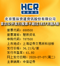 慧辰资讯今日申购 发行价格为34.21元/股