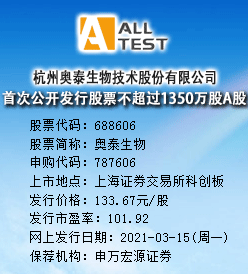 奥泰生物今日申购 发行价格为133.67元/股