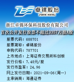 卓锦股份今日申购 发行价格为7.48元/股