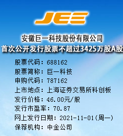 巨一科技今日申购 发行价格为46.00元/股